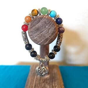 Gemstone Bead Stretch Bracelet with Silver Tone Filigree Puff Heart